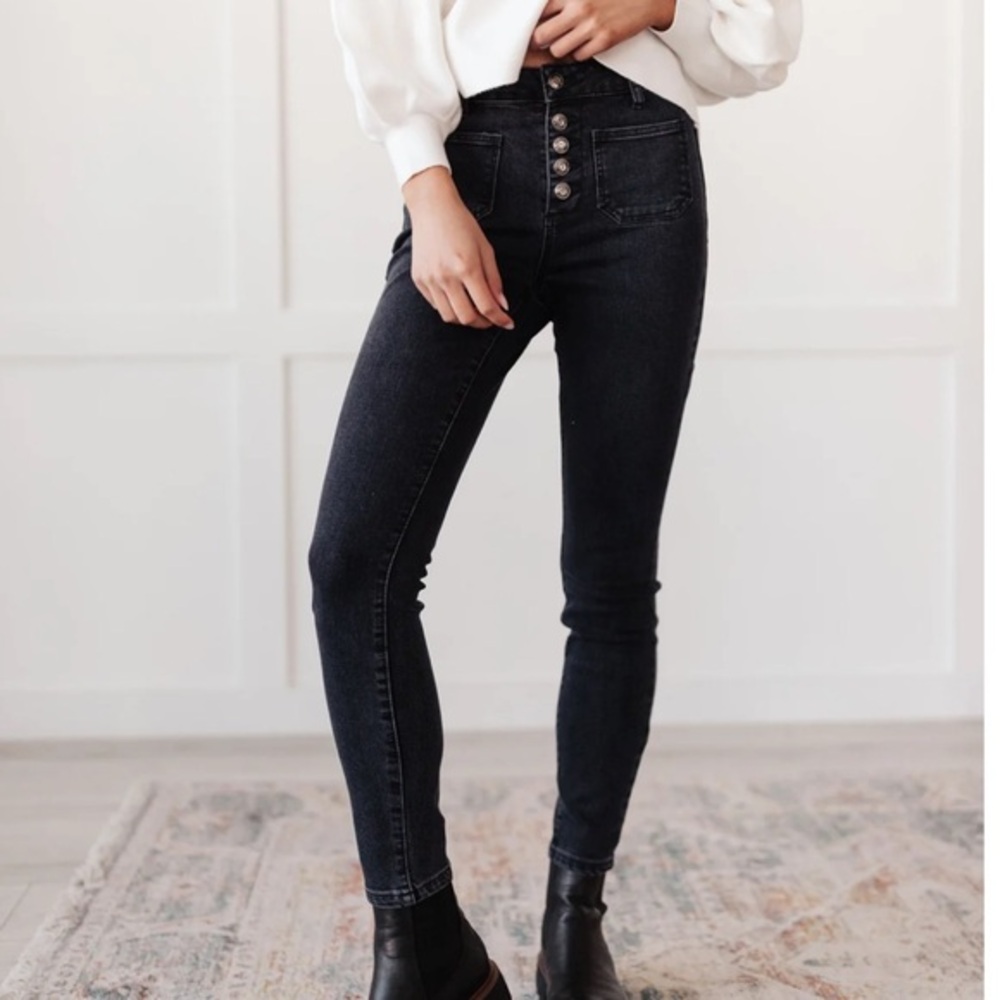 OAT NEW YORK NWT HIGH RISE SAILOR SKINNY BLACK FOREST BUTTON FLY JEAN SZ 27